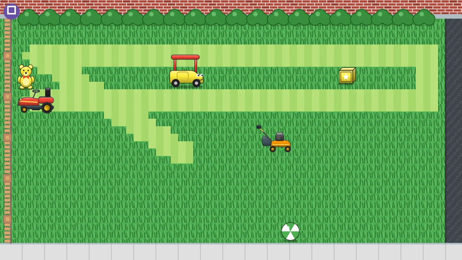 Mowing stripes into a backyard lawn between a brick house, a fence, a driveway and the sidewalk